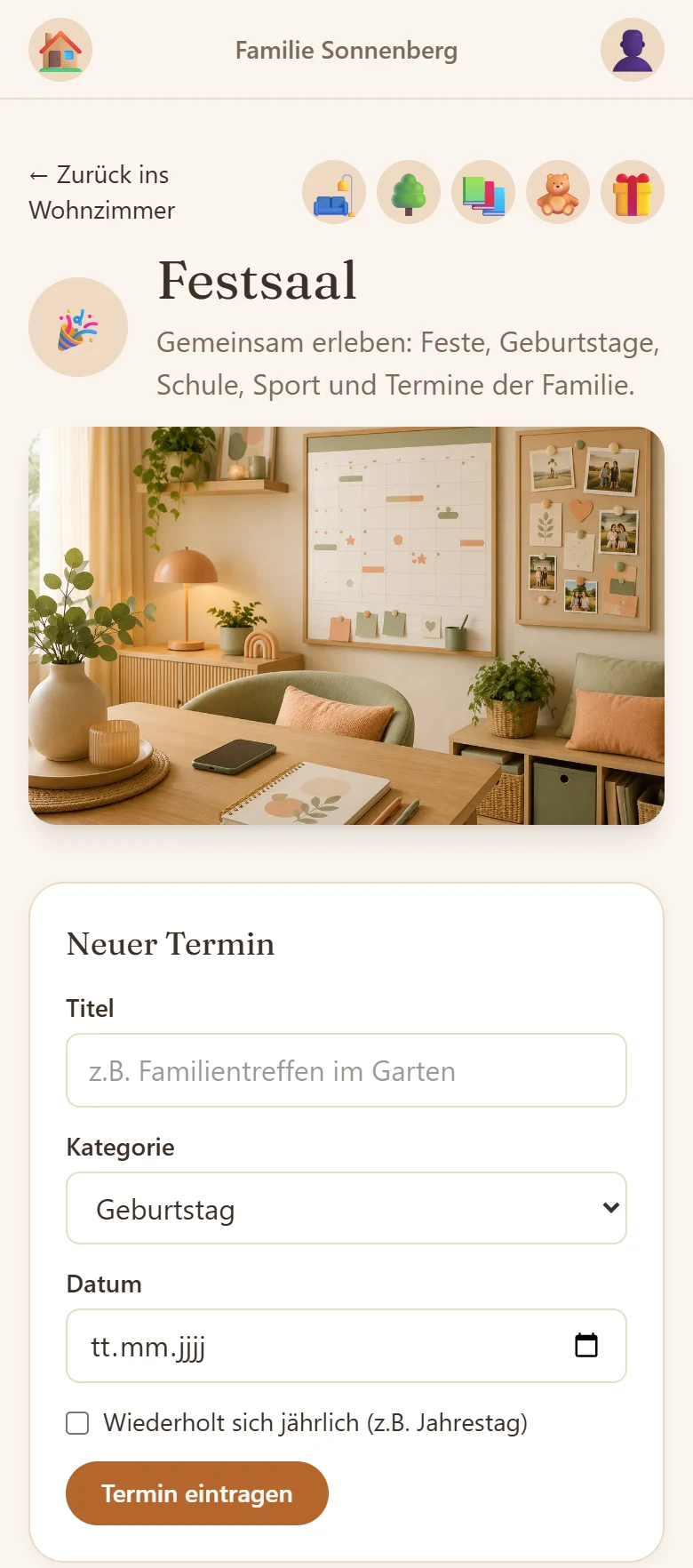 Der Festsaal der App mit dem Formular für einen neuen Familientermin