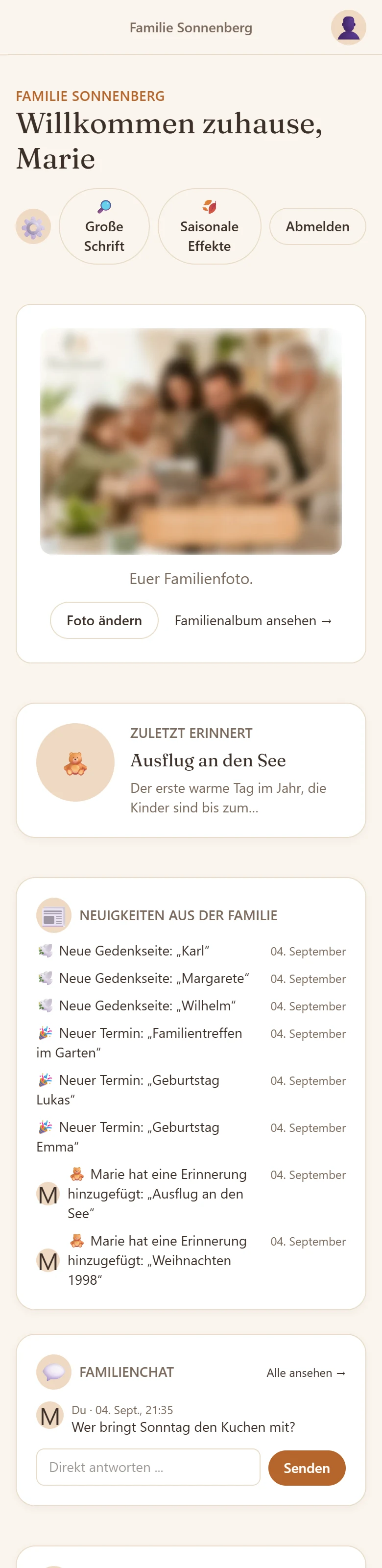 Das Wohnzimmer der App: Begrüßung, Familienfoto, zuletzt erinnerte Geschichte und die Neuigkeiten der Familie