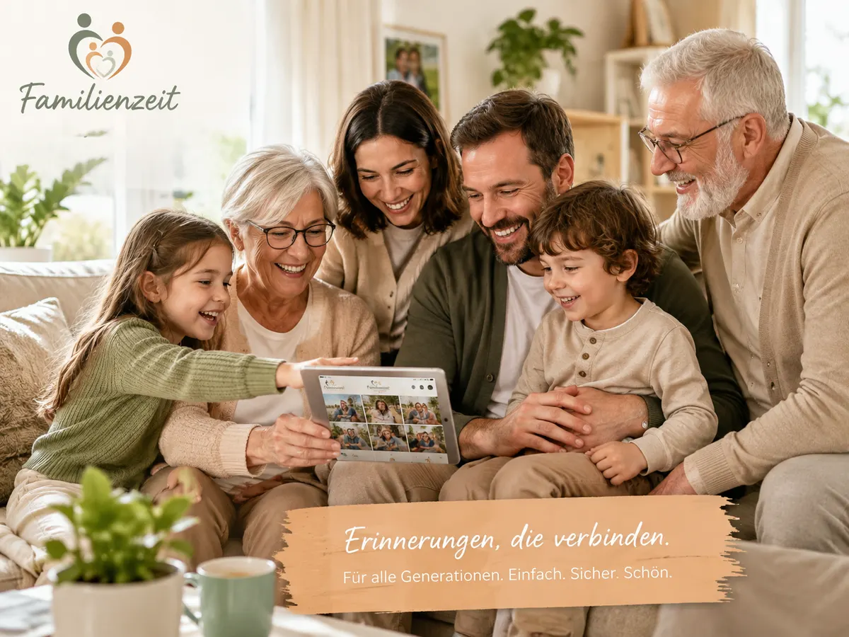 Drei Generationen einer Familie schauen gemeinsam auf ein Tablet