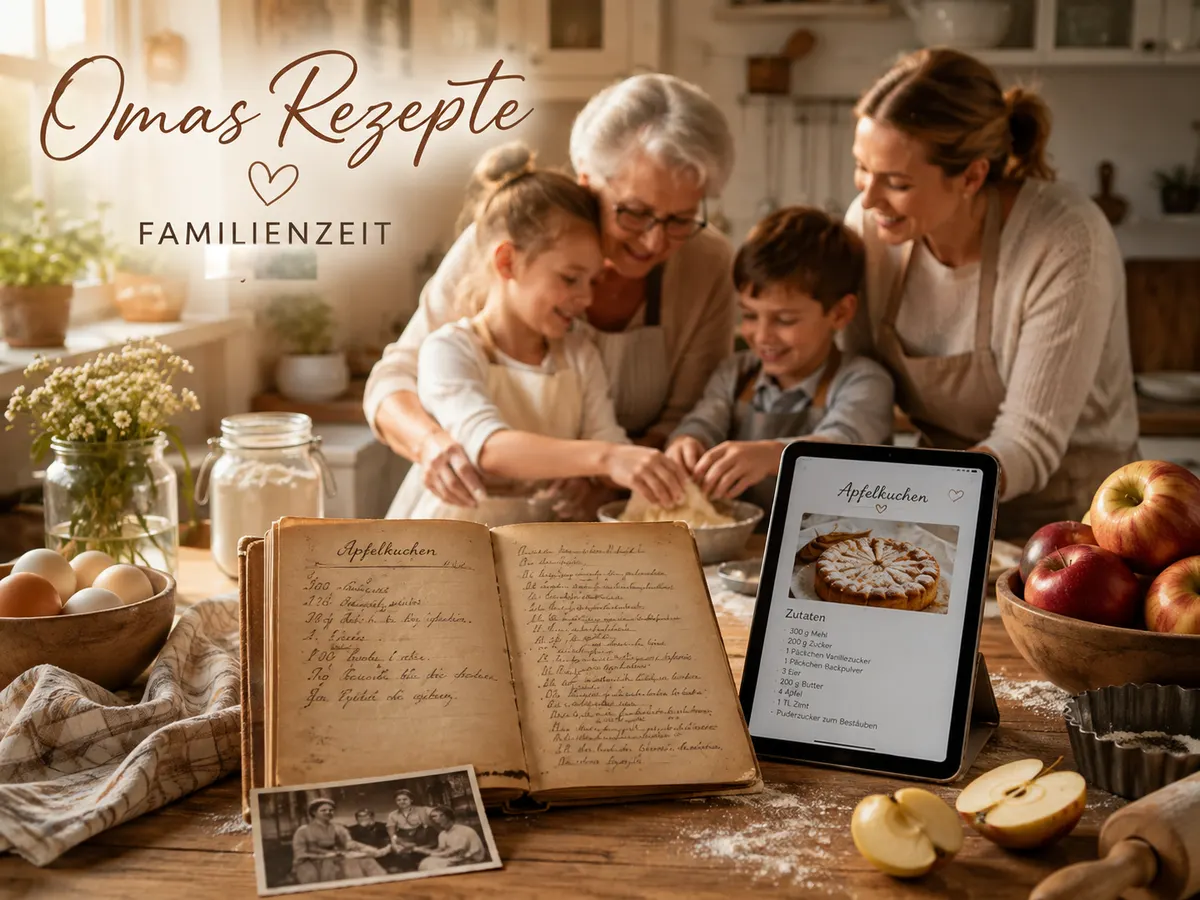 Ein handgeschriebenes Familienrezept neben frischen Zutaten